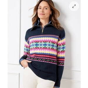 Talbots SZ LP Lambs Wool Blend Half-Zip Mockneck Sweater-Stripe Fair Isle